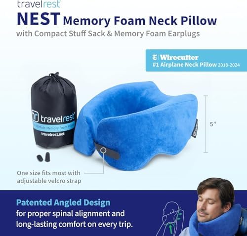 Travelrest Nest Memory Foam Travel Neck Pillow, Advanced Support for Long Flights, Patented Design for Optimal Relaxation, Compact, Ergonomic, and Washable, On-the-Go and Attacthes to Luggage Blue - Image 2