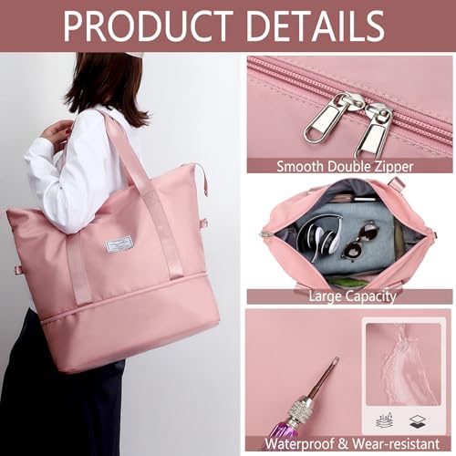 Flintronic Duffel Bag, Foldable Overnight Weekend Bags for Women, Lightweight Hospital Bag with Wet and Dry Separation Bag, Large Holdall/ Cabin Bag for Gym, Sports and Travel - Pink - Image 3