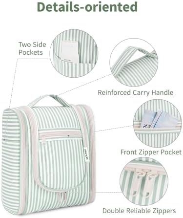 Narwey Travel Hanging Toiletry Wash Bag Makeup Cosmetic Organizer for Women (Mint Green Stripe (Small)) - Image 8