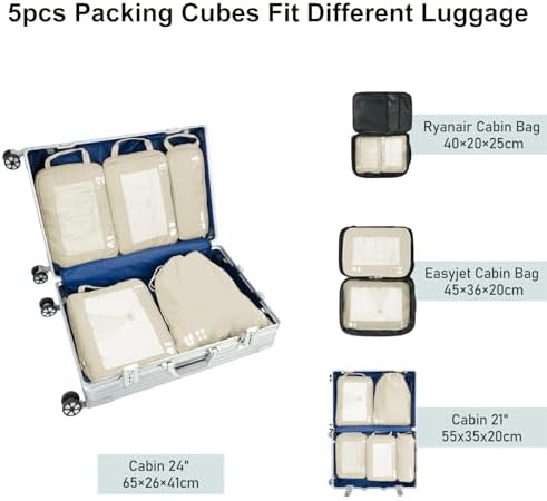 ECOHUB 5 Set Compression Packing Cubes for Suitcases Organiser Bags Travel Accessories with Shoes Bag Tear-resistant Travel Cubes with ID Tag Expandable Packing Bags(Beige) - Image 2