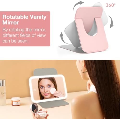 Kintion Travel Makeup Mirror, Portable LED Lighted Makeup Mirror, 360° Rotation Touch Screen, 3-Color Dimmable Lighting, Rechargeable Tabletop Folding Vanity Mirror, Pink - Image 5