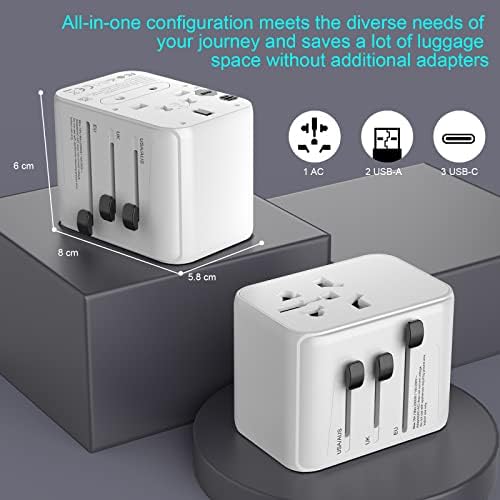 Universal Travel Adapter, Worldwide Travel Adapter with 2 USB A and 3 USB C Ports International Travel Plug Adapter with EU UK USA AU Plugs Power Socket Charger for Multi Countries - Image 7