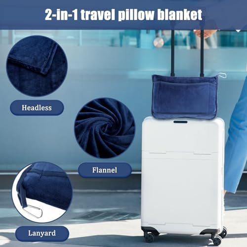 JETHMA 2 In 1 Soft Travel Blanket - Flannel Airplane Blanket Pillow with Luggage Strap and Buckle - Portable Compact Flight Blanket for Cars, Camping - 63x39 (Navy) - Image 2