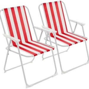 Harbour Housewares Folding Beach Deck Chairs - Red Stripe - Pack of 2 - Metal Outdoor Patio Seat Lightweight Portable Deck Chair for Picnic, Garden, Camping, Fishing
