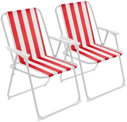 Harbour Housewares Folding Beach Deck Chairs - Red Stripe - Pack of 2 - Metal Outdoor Patio Seat Lightweight Portable Deck Chair for Picnic, Garden, Camping, Fishing
