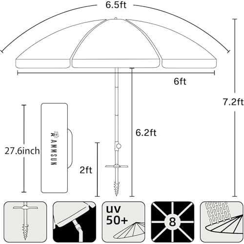 AMMSUN 6.5ft Twice Folded Portable Beach Umbrella with Sand Anchor Windproof,Push Button Tilt and Air Vent UV 50+ Protection Fits in a Large Suitcase for Patio Garden Beach Pool Backyard Blue - Image 6