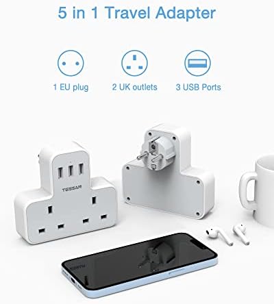 UK to European Plug Adapter, TESSAN Grounded Schuko European Plug Travel Adapter with 3 USB, UK to EU Euro Europe for Spain France Iceland Germany Greece Poland Type E F Adaptor - Image 2