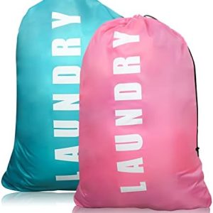 2 Pack Upgrade Extra Large Travel Laundry Bag with Drawstring,24" x 36" Durable Rip-Stop Dirty Clothes Shoulder Bag for Travel, Bathroom Home or Dormitory (Blue Pink)