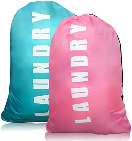 2 Pack Upgrade Extra Large Travel Laundry Bag with Drawstring,24" x 36" Durable Rip-Stop Dirty Clothes Shoulder Bag for Travel, Bathroom Home or Dormitory (Blue Pink)