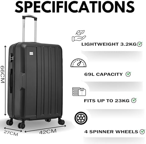 24" Medium Suitcase Super Lightweight 4 Wheel Spinner Hard Shell ABS Luggage Hold Check in Travel Case 65 Litre Black - Image 3