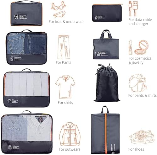 DIMJ Packing Cubes 8 Sets Travel Luggage Organizers for Suitcases Packing Organiser with Label Shoe Storage Bags Laundry Bag, Black - Image 2
