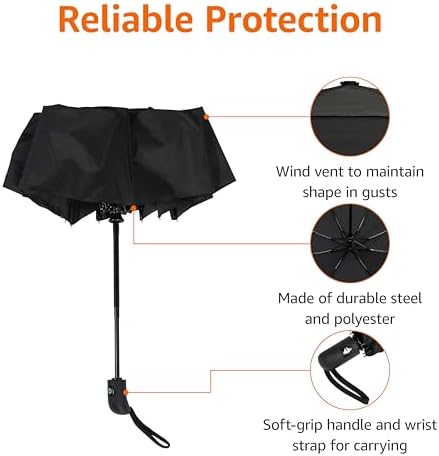 Amazon Basics Round Automatic Travel Compact Umbrella Windproof Strong, with Wind Vent, Black, One Size - Image 2