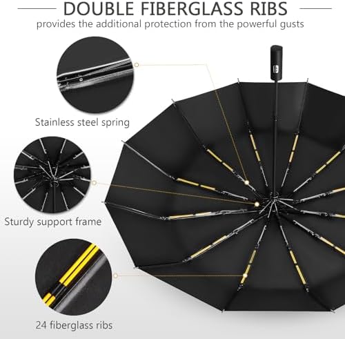 Umbrella, Windproof Travel Umbrella - Compact Automatic Folding Umbrellas for Rain, 12 Ribs Wind Resistant Portable Umbrellas for Single Hand Use, Small,Light, Strong Backpack Umbrella, Black - Image 5