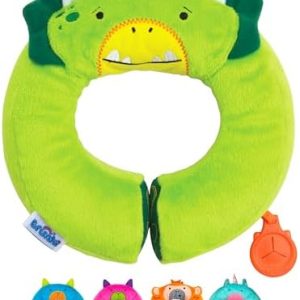 Trunki Kid's Travel Neck Pillow And Chin Rest | Support Sleepy Heads in the Car Seat, Plane, Bike or Pram | Yondi SMALL Dudley Dinosaur (Green)