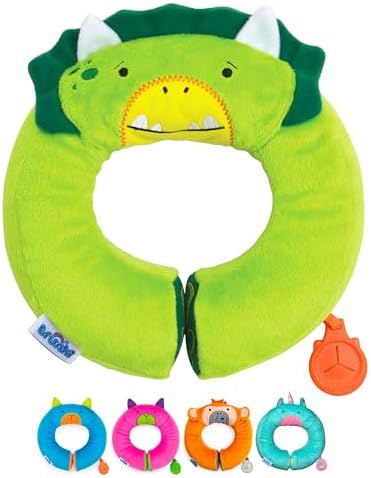 Trunki Kid's Travel Neck Pillow And Chin Rest | Support Sleepy Heads in the Car Seat, Plane, Bike or Pram | Yondi SMALL Dudley Dinosaur (Green)