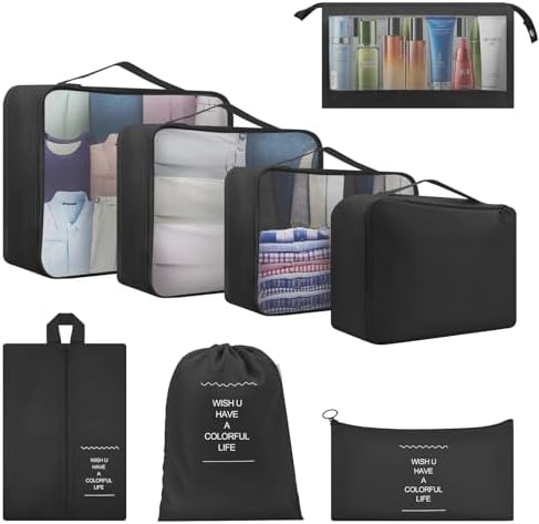 Packing Cubes for Suitcase, 8 PCS Travel Luggage Packing Organizers Waterproof Travel Essentials (Dark Black)