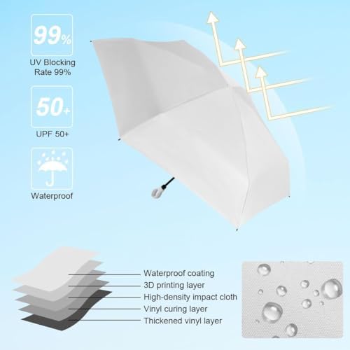Vicloon Mini Umbrella, UPF 50 UV Protection 99.9% Mini Sun Travel Umbrella Pocket Umbrella, 6 Ribs Lightweight Compact Folding Umbrella Rain and Sun Umbrella for Travel,School,Daily Life White - Image 3