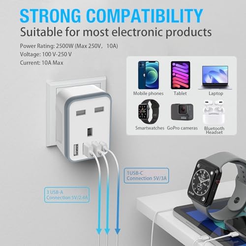 European Travel Adapter - 5 in 1 UK to EU Adapter with 4 USB Ports, UK to Turkey Travel Plug, Grounded Schuko Plug for Germany, France, Spain, Portugal, Poland, Austria (Type E/F) - Image 4