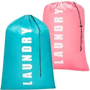 2 Pack Large Laundry Bags, 24" x 36" Portable Laundry Bags with Drawstring Cord, Ideal for Travel, Home, Dormitory, and Camping Use (Cyan + Pink)