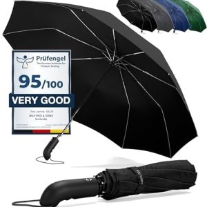 Umbrella Windproof Compact - Strong Storm Proof Frame + Auto Open Close | Women Mens Lightweight Small Travel Folding Golf Brolly + Double Canopy, Ergonomic Handle | Water Resistant Teflon Black