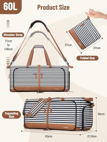Lekesky Large Foldable Travel Duffe Bag - 60L Waterproof Holdall Luggage Bag with Shoes Compartment, Weekend Overnight Sports Bag for Women and Men(Striped, 63 * 30 * 28cm) - Image 3