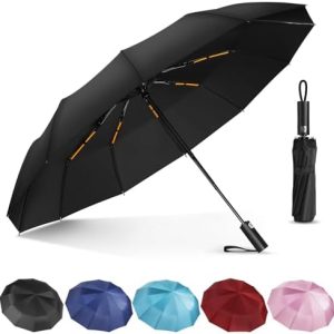 Umbrella, Windproof Travel Umbrella - Compact Automatic Folding Umbrellas for Rain, 12 Ribs Wind Resistant Portable Umbrellas for Single Hand Use, Small,Light, Strong Backpack Umbrella, Black
