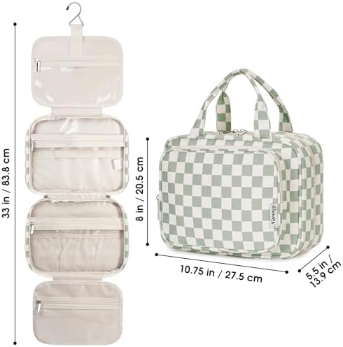 Narwey Checkered Hanging Travel Toiletry Bag for Women Wash Bag Cosmetics Makeup Bag Organizer for Travel Size Accessories(Checkerboard Mint Green (Medium)) - Image 6