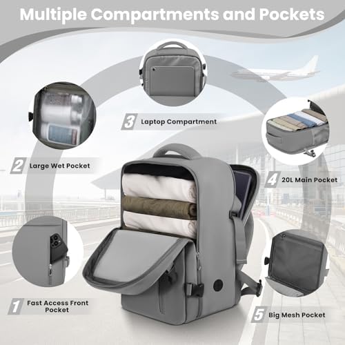 Cabin Bags 40×20×25 for Ryanair Underseat Carry-ons Travel Backpack Hand Luggage Bag Cabin Size 20L Flight Rucksack Casual Daypack School Office Backpack Fit 14 Inch Laptop-Grey - Image 3