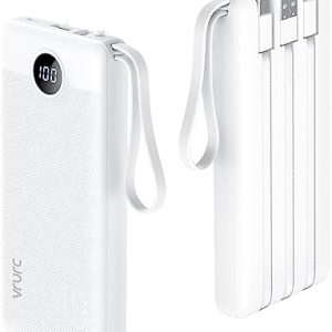VRURC 10000mAh Power Bank With Built in Cables,USB C Battery Pack Portable Charger with 5 Outputs 2 Inputs Powerbank LED Display compatible with iPhone 14 13 12 Samsung S21 S20 Xiaomi iPad