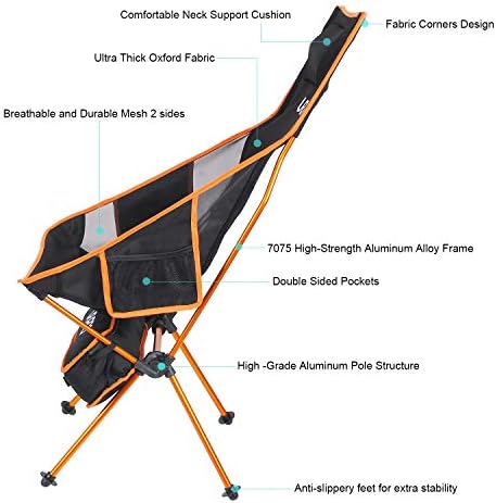 Outdoor Camping Chair Portable Lightweight Folding Camp Chairs with Headrest & 2-sided Pocket High Back for Outdoor Backpacking Hiking Fishing Travel Picnic - Image 4