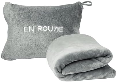 En Route Travel Blanket and Pillow with cover - Ultimate Comfort for Airplane Travel - Premium 2-in-1 Blanket with Soft Bag Pillow, Hand Luggage Belt, and Backpack Hook (Light Grey)