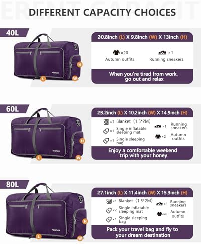 60L Travel Duffel Bag Foldable Water Resistant Travel Bag Lightweight Duffel Bag with Big Capacity for Luggage Gym Sports Purple - Image 5