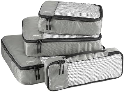 Amazon Basics Packing Cubes for Suitcases, Travel Organisers, Zipper, 4-Piece Set Bags, Large/Medium/Small/Slim, Gray