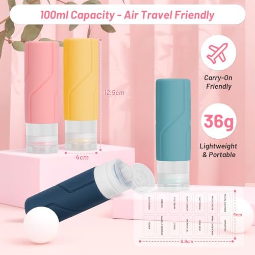 Alyvisun 4 Pack Silicone Travel Bottles for Toiletries, [Refillable & Leak-proof] Travel Containers, 100ml Small Size Squeezy Bottles for Shampoo, Lotion, Cosmetic, Mixed Colors - Image 2