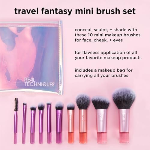 Real Techniques Travel Fantasy Mini Brush Kit, Makeup Brushes For Eyeshadow, Highlight, Contour, Powder, and Concealer, Travel-Sized Brushes and Cosmetic Bag, Synthetic Bristles, 11 Piece Set - Image 2