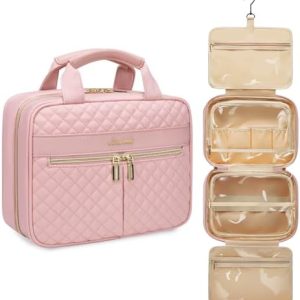 LOVEVOOK Toiletry Bag for Women, Large Toiletries Makeup Bags with Hook, Hanging Travel Wash Bag, Waterproof Cosmetic Organizer Ladies for Full Sized Container Vacation Essentials, Rose