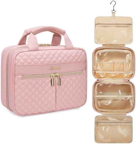 LOVEVOOK Toiletry Bag for Women, Large Toiletries Makeup Bags with Hook, Hanging Travel Wash Bag, Waterproof Cosmetic Organizer Ladies for Full Sized Container Vacation Essentials, Rose