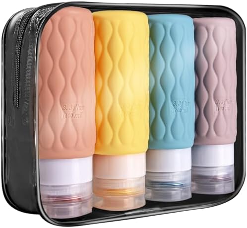 4 Pack Travel Bottles for Toiletries 100ML Silicone Travel Squeeze Bottles Set with Clear Zipper Toiletry Bag Leakproof Refillable Squeeze Travel Containers