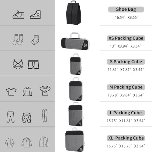 6 PCS Compression Packing Cubes, Black Extensible Ultralight Packing Cubes for Suitcases, Suitcase Organiser Bags Set, Travel Cubes Organiser Bags Packing Cubes for Suitcases Backpack Luggage - Image 5