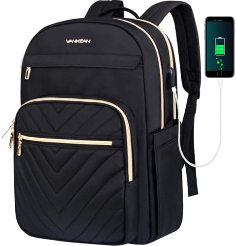 VANKEAN 15.6 Inch Laptop Backpack for Women Men Work Laptop Bag Fashion with USB Port, Waterproof Purse Backpacks Teacher Nurse Stylish Travel Bags Casual Daypacks for College, Business, Black