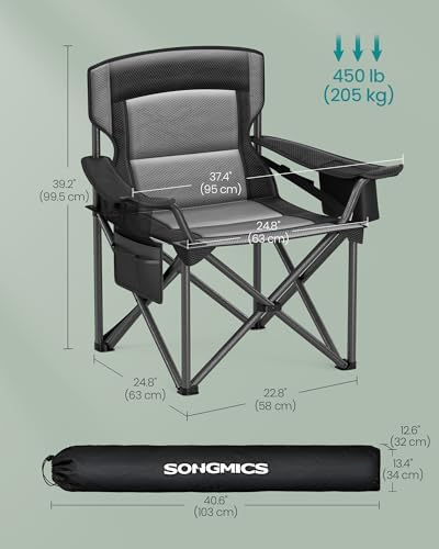 SONGMICS Camping Chair, Folding Outdoor Chair with Cup Holder, for Fishing, Foam Padding, Foldable, Weight Capacity 205 kg, High Backrest, Ink Black GCB066B01 - Image 2