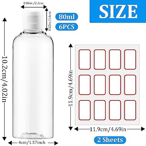 6Pcs Clear Travel Bottles 80ML, Containers Bottles with Lids, with 2 Sheets Stickers, Refillable Empty Travel Bottle for Toiletries Cosmetic Lotion Gel Shampoo Conditioner Shower - Image 2