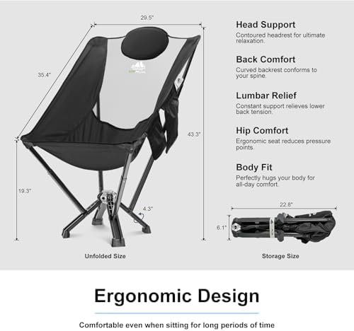 Portable Folding Camping Chair High Back Headrest, One-Piece Die-Cast Aluminum Frame Longer Durability, No Assembly Required, Oversized Camp Chair Big and Tall for Beach, Outdoor Sports, Travel - Image 2