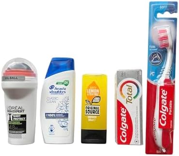 Men's essential travel toiletries kit, including clear travel bag, shampoo, roll on XXL deodorant, shower gel, tooth paste, a portable travel toothbrush with built in case and 2 small empty pots - Image 4