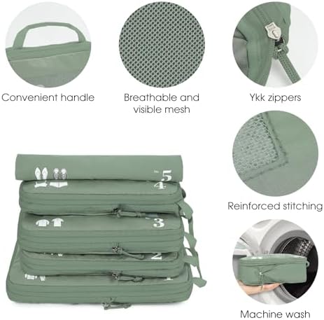 ECOHUB 5 Set Compression Packing Cubes for Suitcases Organiser Bags Travel Accessories with Shoes Bag Tear-resistant Travel Cubes with ID Tag Expandable Packing Bags(Green) - Image 6