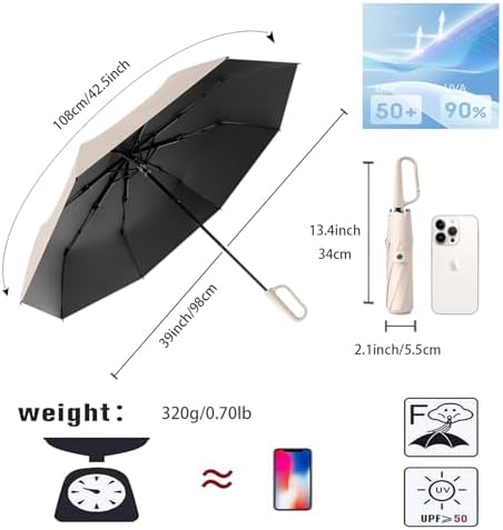 Compact Folding Umbrella Carabiner Handle Coating Layer Fabric /Car/Small Travel portable Backpack/Lightweight Portable/Rain Sun Anti UPF 50 Blocking UV Protection 99.9%/Men Women Kids - Image 2