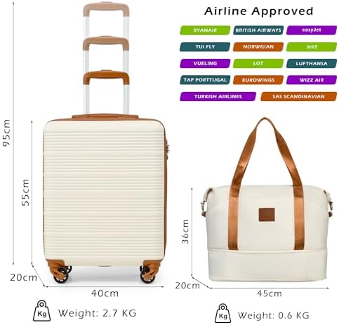 COOLIFE Cabin Suitcase 55×40×20cm and Cabin Bag 25L(45×36×20cm) Set for EasyJet Airlines Carry on Hand Cabin Luggage Hard Shell Suitcase Lightweight with TSA Lock (White/Brown, 55×40×20cm -Set 2pcs) - Image 2