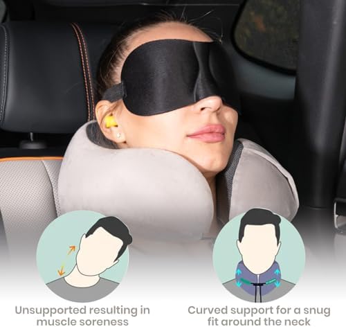 Good Nite Travel Pillow Neck Memory Foam Support Pillow for Adults Travel Airplane Camping Car Train Office Pillow Flight Plane Pillows with Ear Plugs Eye Mask Carry Bag Grey - Image 6