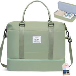 BAGAIL Travel Duffel Bag with Extra Bottom Storage, Wet and Dry Separation, Ideal Weekender Bags, Gym Carry On Tote Bag and Hospital Mom Bag - Olive Green
