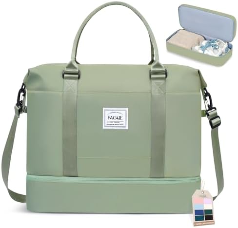 BAGAIL Travel Duffel Bag with Extra Bottom Storage, Wet and Dry Separation, Ideal Weekender Bags, Gym Carry On Tote Bag and Hospital Mom Bag - Olive Green